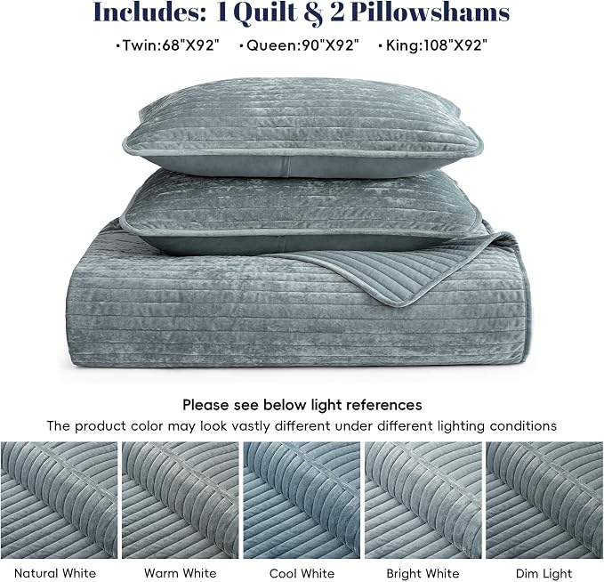 PHF Luxury Velvet Quilt Set King Size – 3PCS Ultra Soft Quilted Comforter Alternative with Striped Channel, Cozy Quilted Bedspread, 1 Coverlet with 2 Matching Shams, 108" x 92", Dusty Blue