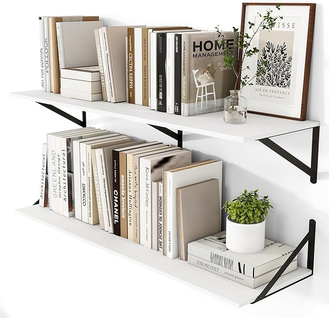 Heimlove White Deep Floating Shelves for Wall, 40W x 12D Wood Wall Shelves Set of 2, Wide Floating Bookshelf for Living Room, Kitchen, Office, Bedroom and Decor Storage, with Black Bracket - White