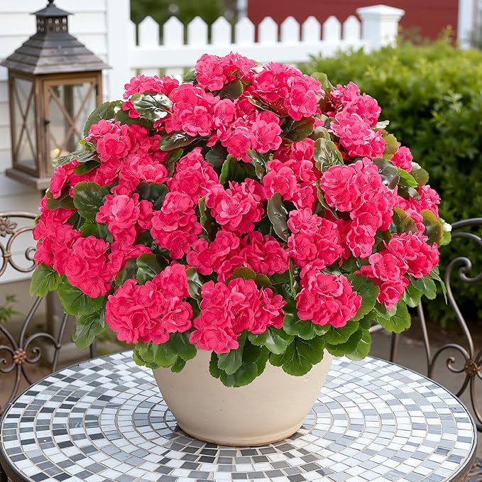 Alupssuc 12 Bundles Artificial Flowers for Outdoors Decoration Silk Geranium, UV Resistant Artificial Outdoor Fake Plants, Faux Flowers for Home Kitchen Table Indoor Outside Spring Decor, DeepPink