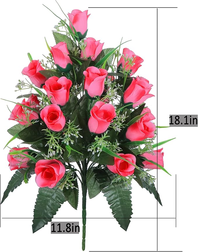LVXINLI 2 Sets Artificial Cemetery Flowers,Outdoor Grave Decorations Roses,Beautiful Arrangements Bouquet with Cemetery Vase,Lasting and Non-Bleed Colors (Pink)