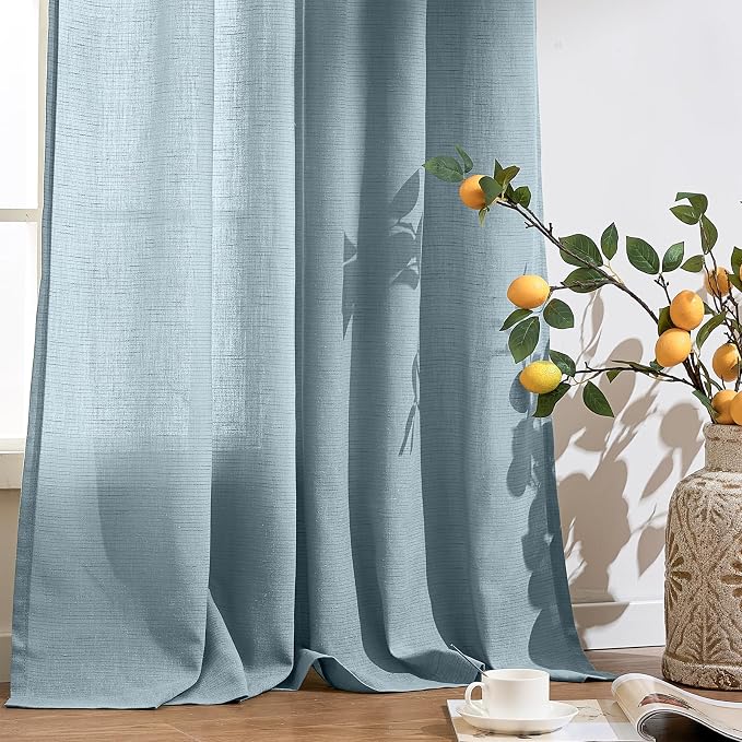 jinchan Linen Blue Semi Sheer Curtains 96 Inch Long 2 Panels for Living Room Grommet Dark Flax Light Filtering Curtains Home Office Minimalist Decor Drapes Suitable for Bathroom and Bedroom 50x96 Inch