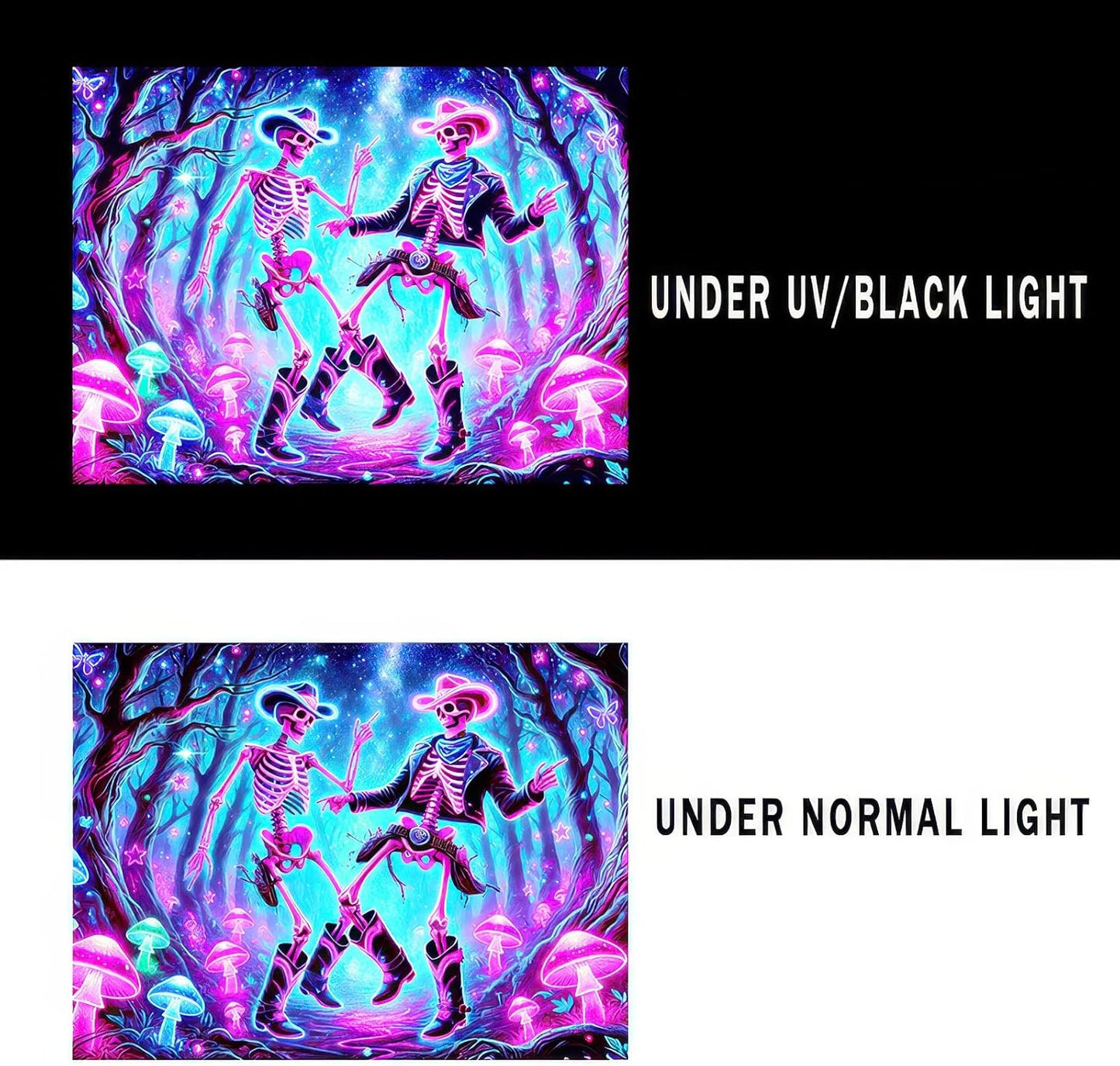 BlissYard Blacklight Tapestry UV Reactive Tapestry 78x59 Inches Skeleton Cowboys Fluorescent Wall Hanging Glowing Mushrooms and Cosmic Dance Theme for Bedrooms, Living Rooms, and Themed Events