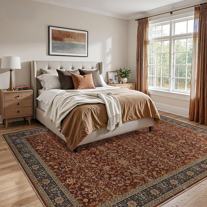 Large Area Rugs 9x12 Living Room, Washable Non Slip Low Pile Big Carpet for Bedroom Dining Room, Vintage Old Money Aesthetic Print Decorative Rug for Family Room, Deep Burnt Orange