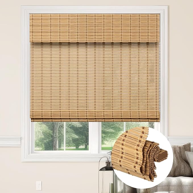 Kokorona Cordless Bamboo Roman Shades with Valance, Light Filtering Bamboo Blinds for Interior Windows, Natural Roll Up Bamboo Shades for Home, Office, Easy Installation, 39" W x 64" H, Natural