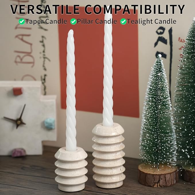 Travertine Marble Candlestick Holders - Set of 2 Stone Candle Sticks Holder Decor, Decorative Modern Candle Stands for Taper Candles