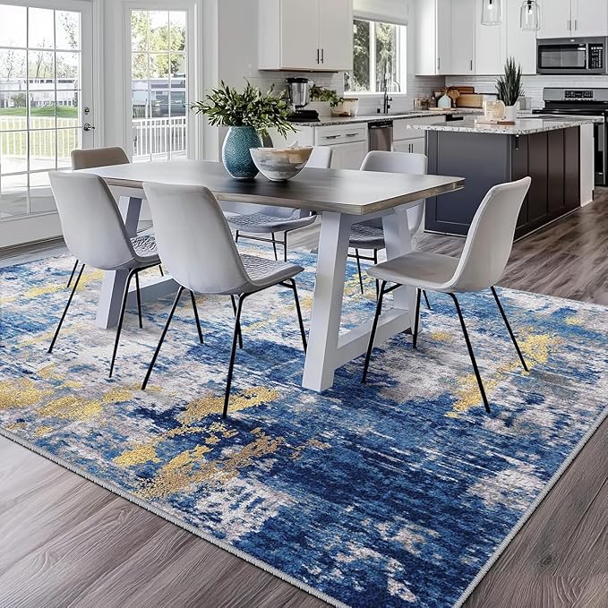 RELEANY Washable Area Rugs Square 6ft Non-Slip Modern Abstract Soft for Living Room Entryway Bedroom Nursery, Print Pattern, Grey Blue Gold/Golden