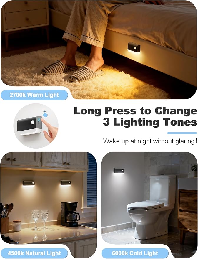 VOLISUN Motion Sensor Night Light, Rechargeable Stair Lights Indoor, Battery Operated Night Light for Hallway, Stairway, Bathroom, Bedroom, Kitchen, 3 Modes & 3 Color Temperatures(8 Pack Black)