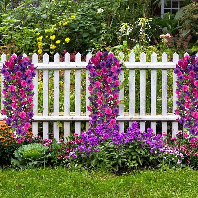 Fake Artificial Hanging Morning Glory Flowers for Outdoor Planters Porch Pation Decoration,2 Bundles UV Resistant Silk Faux Flowers with Realistic Eucalyptus Plants for Home Office Garden Decor
