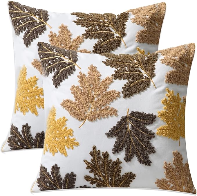 Set of 2 Embroidered Decorative Throw Pillow Covers Couch Square Pillowcases Cushion for Bedroom Sofa Farmhouse Decor 18x18 Inch (Yellow Maple Leaf)