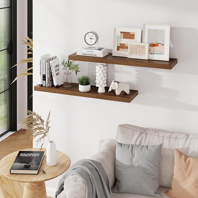 Floating Shelves for Wall, 36 inch Long Shelf, Walnut Wooden Wall Mounted Shelves for Bathroom Living Room Kitchen Bedroom Storage & Organizer, 36 x 9.3 x 1.5 in, 2 Packs