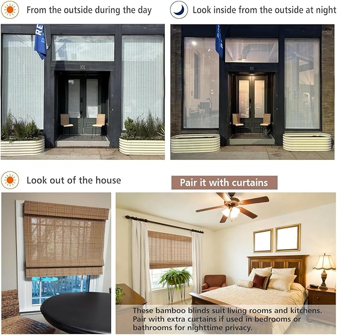 Cordless Bamboo Roman Shade, 36" W x 64" H, Natural Caramel Brown | Room Darkening Woven Wood Shades, Bamboo Window Shades for Living Room Bedroom Kitchen Doors, Easy to Install