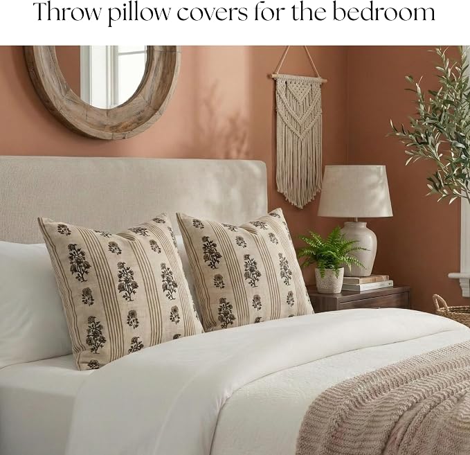 Linen Blue Throw Pillow Covers 18x18 inch Beige Stripe Floral Pillows Spring Decorative Pillow Covers for Living Room Bedroom