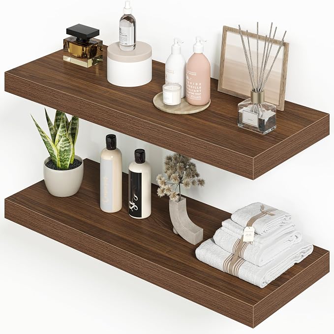 Heimlove 24 Inch Floating Shelves for Wall Walnut Shelves Set of 2,Wall Mounted Rustic Wood 9.3 Inch Deep Floating Shelf with Invisible Brackets for Bedroom Kitchen Living Room