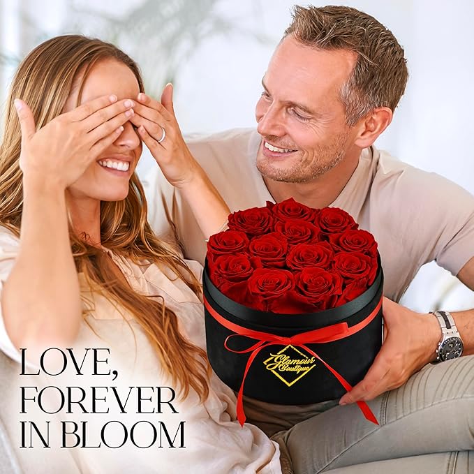 GLAMOUR BOUTIQUE Flowers Forever Gift Box, 12 Real Preserved Roses in Velvet Black Box, Floral Gift for Her, Mom or Wife for Birthday, Mother’s Day, Anniversary or Graduation, Red (Color-Treated)