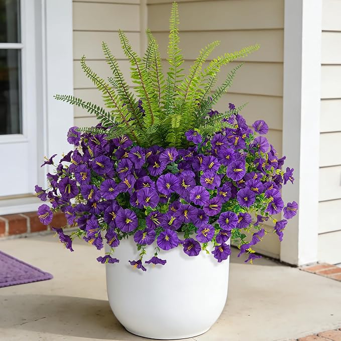 Hrobek Artificial Flowers for Outdoors Faux Plants Outside Indoor,UV Resistant Silk Fake Petunia Ferns for Home Patio Garden Back Yard Front Porch Decor(13 Bunches,Dark Purple)