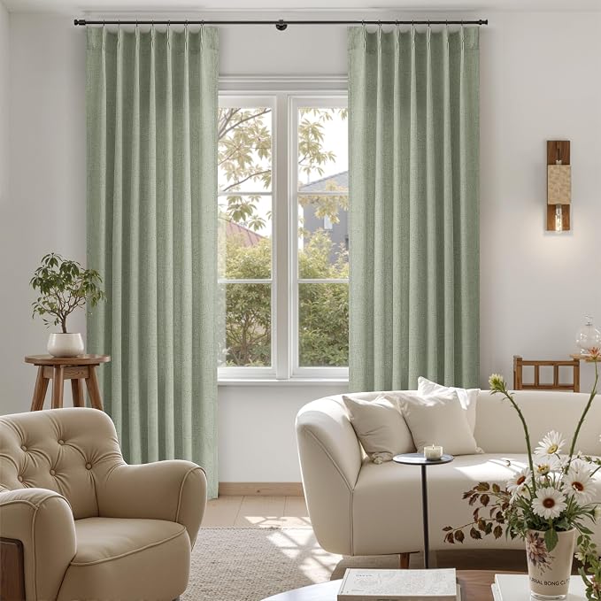 Sage Green Pinch Pleated Linen Curtains 102 Inches Long 2 Panels for Living Room Bedroom Country Elegant Farmhouse Back Tab Privacy Light Filtering Semi Sheer Pleated Drapes with Hooks Rings 40x102