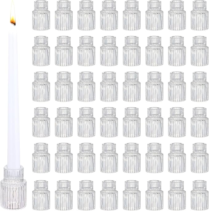 48 PCS Glass Taper Candle Holders Bulk Crystal Candlestick Holders Clear Ribbed Tapered Candle Stick Holder Decor Set for Table Centerpiece Wedding Party Advent Christmas Home Decoration (48, Clear)