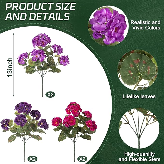 Ammyoo Artificial Geranium Flowers for Outdoors Decoration, Fake Silk Geraniums Flower UV Resistant Look Real Faux Plants for Spring Garden Porch Planter Patio Balcony Yard Table Centerpieces Decor