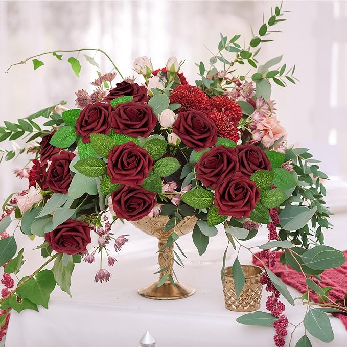 Mocoosy 50Pcs Burgundy Roses Artificial Flowers, Burgundy Fake Rose for Decoration, Real Touch Foam Rose Bulk with Stem DIY Wedding Bouquet Bridal Shower Mother's Day Floral Arrangement Party Decor