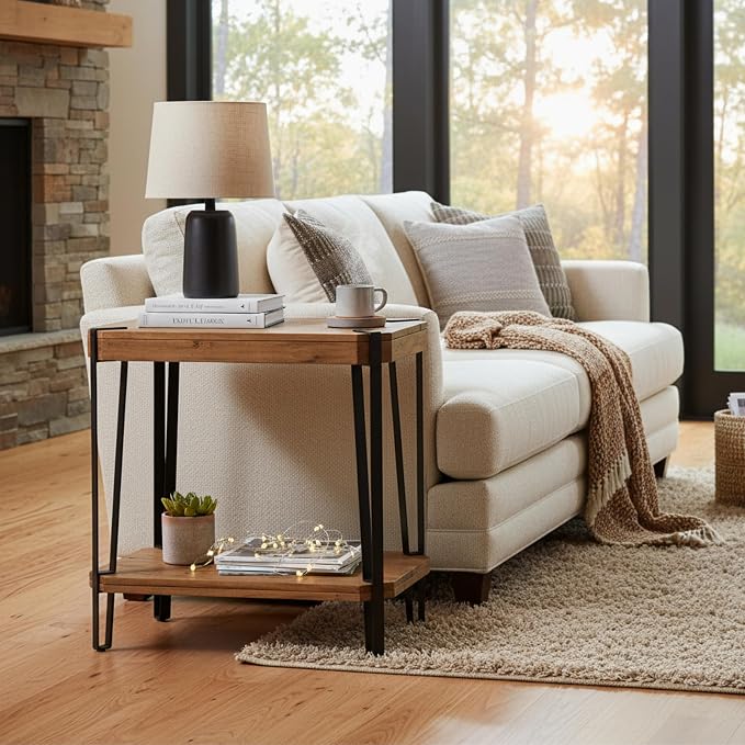 Ryegate Live Edge End Table with Storage – 2-Tier Solid Acacia Wood Side Table with Metal Frame and Lower Shelf – Industrial Accent Table for Living Room or Bedroom by Alaterre Furniture