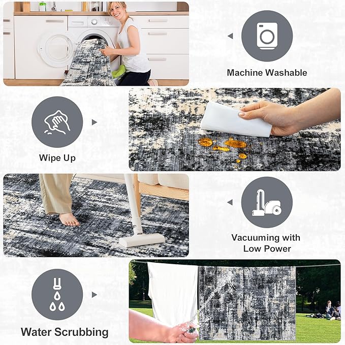 Area Rugs 9x12 Living Room - Washable Rug Modern Abstract Soft Large Neutral Non-Slip Carpet Indoor Floor Thin Carpets for Bedroom Dining Room Farmhouse Nursery Home Office Black Gold