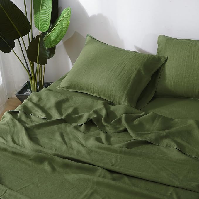 Linen Pillow Cases 100% French Natural Linen Pillowcase Set of 2-Stone Washed Moisture-Absorbing Linen Pillow Shams King Size(20''x40''),Olive Green