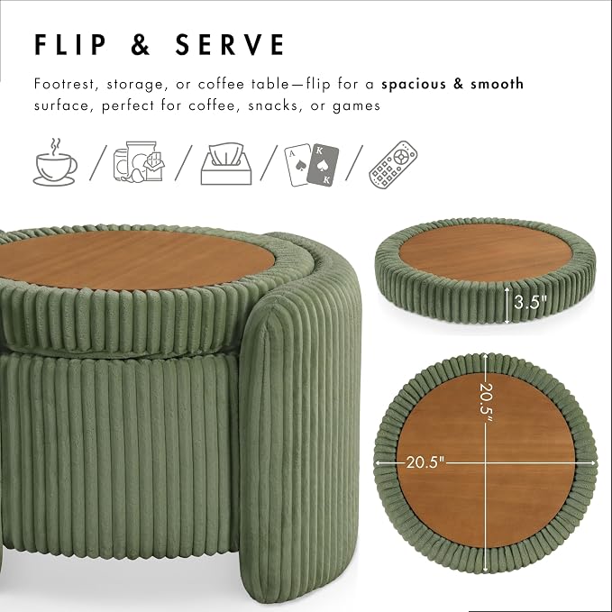 Furniture of America Lennox Modern Chenille 25-inch Round Storage Ottoman with Reversible Flip Top, Upholstered Footstool for Living Room, Bedroom, Entryway, Green