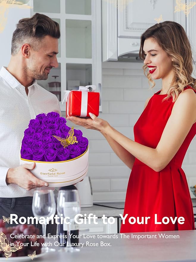 Eterfield 27 Forever Flowers in Heart Shape Box, Preserved Roses That Last a Year Preserved Flowers Birthday Gifts for Her Mom Women Wife Anniversary Valentines Day Mothers Day Christmas, Purple