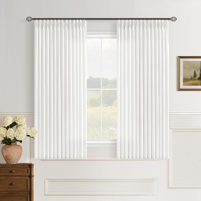 Ivory Off White Semi Sheer Pinch Pleated Linen Window Curtains | 54 Inch, Small, Light Filtering, Semi Sheer, Bay Window, Office, Burlap Textured, Memory Shape, Hook Rings, Boho Modern, Kids