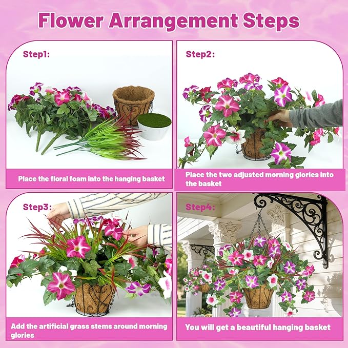 2 Packs Artificial Flowers Hanging Baskets for Outdoors, 10 PCS UV Resistant Faux Outdoor Plants, Fake Petunias Silk Flowers for Garden Balcony Yard Porch Decor (White Red Lotus)
