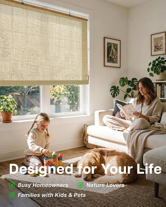 LazBlinds Manual Roll-up Bamboo Blinds, 44" W x 72" H, Star-Beige | Easy Install Roller Shades for Windows, Hook-On Light Filtering Bamboo Shades for Interior Indoor Windows