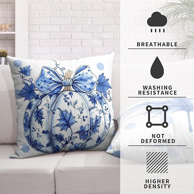 Fall Pillow Covers Blue and White Porcelain Maple Leaf Pumpkin Throw Pillow Covers 22x22 Set of 2 Autumn Blue Polka Dot Pillowcase Thanksgiving Cushion Case for Couch Sofa