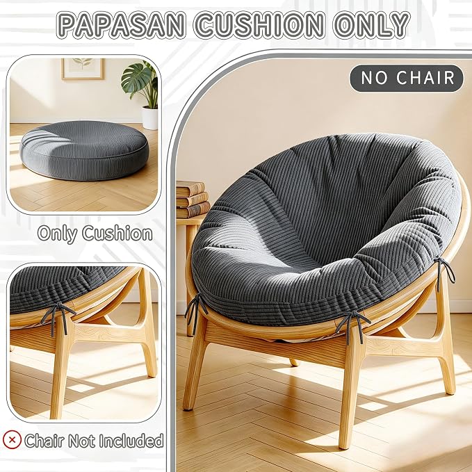 Papasan Breathable Round Chair Cushion (Without Chair) with Detachable Corduroy Cover,48 x 48 x 6 Inch Oversized Round Chair Pad Supportive Cushion, Overstuffed Chair Cushion,Memory Foam Filling,Grey
