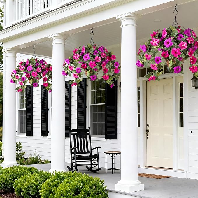 Artificial Petunia Flowers with Hanging Basket for Outdoors, 3 Pcs Fake Hanging Flowers UV Resistant Faux Silk Plants in Basket for Garden Porch Yard Patio Realistic Home Spring Decor(Purple Fuchsia)
