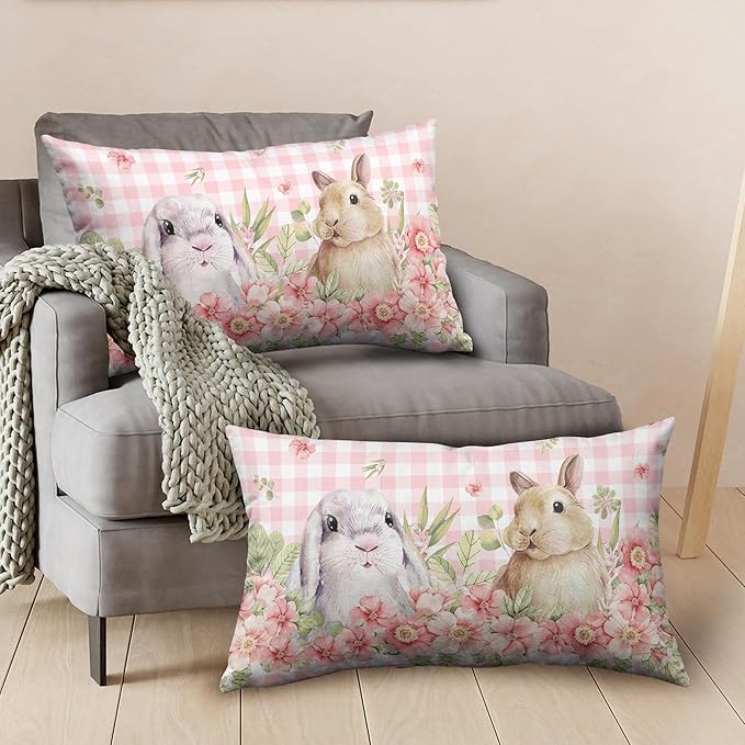 Easter Bunny Lumbar Pillow Covers 12x20 Set of 2 Spring Floral Decorative Pillowcase Cute Rabbit Cotton Linen Cushion Case Pink Plaid Throw Pillow Covers for Sofa Patio Outdoor