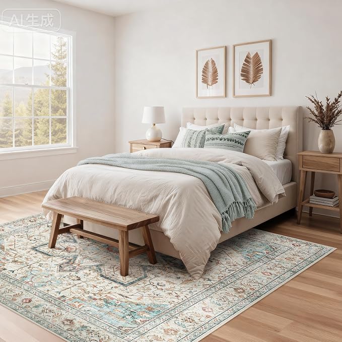 Tortania 8' Square Area Rug Living Room Rugs - Washable Boho Rug Vintage Oriental Distressed Farmhouse Large Thin Indoor Carpet for Bedroom Under Dining Table Home Office - Aqua Multi
