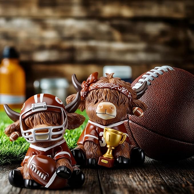 Wesiti 2 Pcs Football Highland Cow Figurines Resin Sport Ornament Set, Cute Bull Statue with Helmet and Trophy, American Football Fan Gifts for Players Coaches Team Table Decor