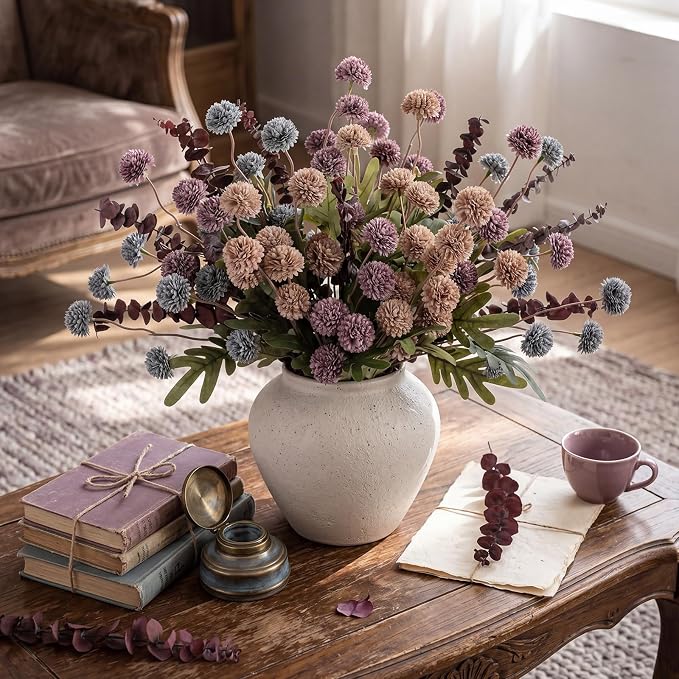Hoteam 36 Pcs Artificial Chrysanthemum Flowers Bouquet with Dried Eucalyptus Leaves 15 Stems Fake Mums 21 Stems Preserved Eucalyptus for Vase Home Decor Wedding Centerpieces(Blue Violet)