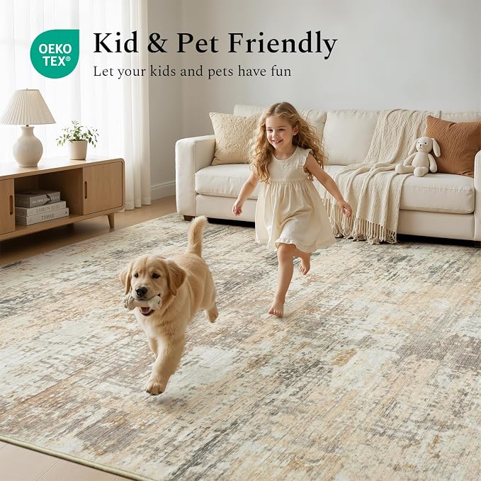 Rugflix 8x10 Area Rugs for Living Room, Washable Large Rug Stain-Resistant Low Pile, Modern Neutral Carpet for Dining Room Home Office Kid Room Nursery Bedroom, Gold/Beige/Grey
