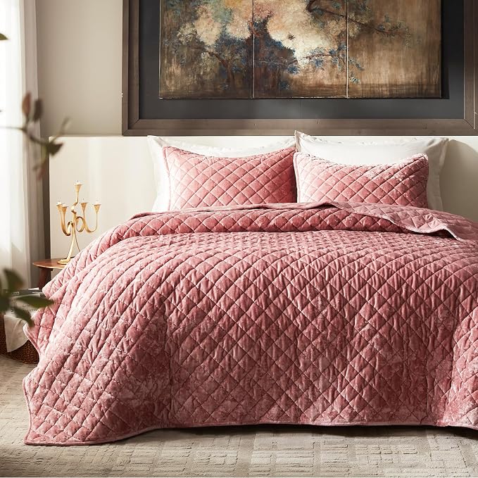 Cosybay Luxury Velvet Quilt Set King, Lightweight Oversized Bedspread Coverlet Quilted Box Stitch Bedding Set, with 2 Matching Pillow Shams, for All Season, Rose Pink