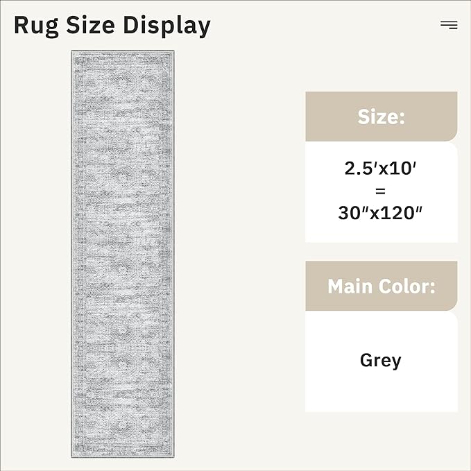 Soalmost Runner Rug 2'6" x 10' Washable Non-Slip Runner Rugs for Kitchen Bathroom Laundry Room Vintage Ultra Thin Runners for Hallway Entryway Grey