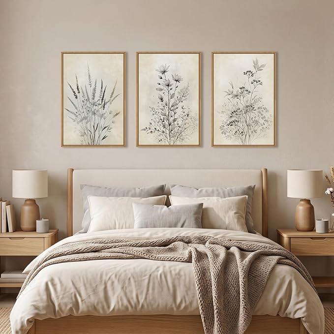 Large Neutral Flower Botanical Framed Canvas Wall Art,Boho Wildflowers Ink Wall Decor,Vintage Bouquet Wall Painting,Nature Artwork for Living Room,Bedroom,Dining Room,Office -24"x36"x3