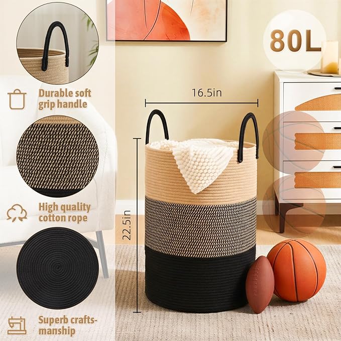 Artfeel Laundry Basket,Woven Cotton Rope Laundry Hamper,80L for Decorative Storage of Dirty Clothes,Toys and Blankets in Bathroom,Bedroom and Living Room