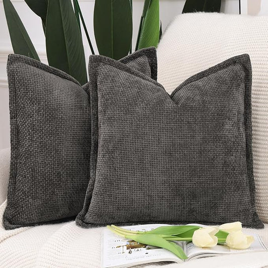 MADIZZ Decorative Chenille Velvet Throw Pillow Covers Set of 2 Soft Boho Textured Neutral Couch Throw Pillow for Bed Modern Farmhouse Home Decor for Sofa Livingroom Dark Taupe 16x16 Inch