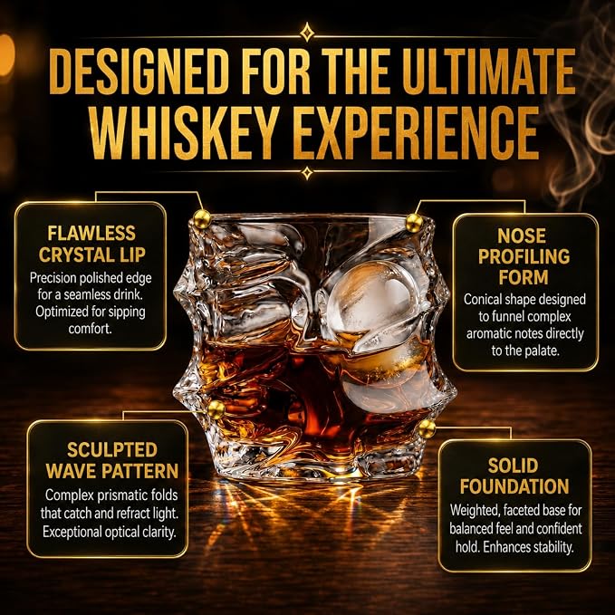 Storm Japanese Crystal Whisky Decanter Set with 4 Tumbler Glasses, Lead-Free Liquor Carafe & 10oz Rocks Glasses - Scotch, Bourbon, Spirits & Wood Base Elegant Barware Gift for Men, Japan Design Gifts