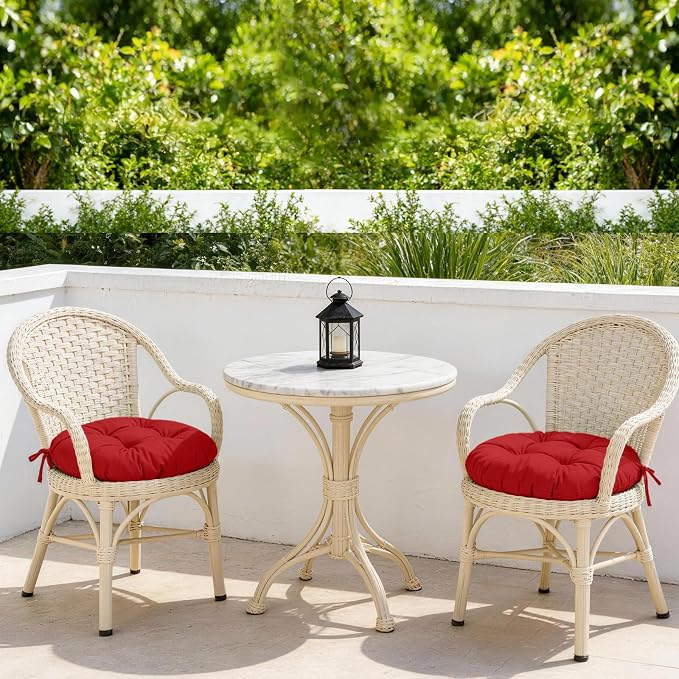 idee-home Outdoor Bistro Chair Cushions Set of 4, Round Seat Cushions | 15”x15”x 4” Thick Outdoor Round Seat Pads Tufted with Ties, Waterproof Patio Furniture Pads for Garden
