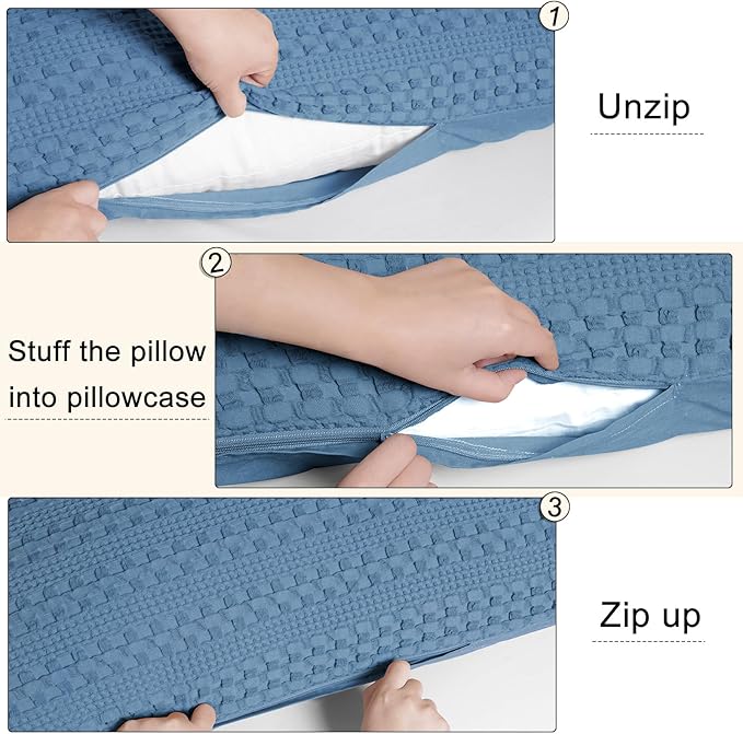 PHF 100% Cotton Waffle Body Pillowcase with Zipper, 1 Pack 20" x 54" Soft Skin-Friendly Pillow Sham, No Filling, Aesthetic Woven and Breathable Waffle Weave Body Pillow Cover for Bed, Denim Blue