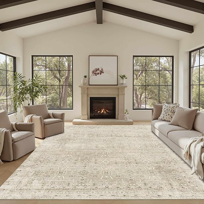 Rugxara 8x10 Area Rugs for Living Room Bedroom, Beige Large Washable Neutral Rug, Vintage Floral Retro Boho Non Slip & Low Pile Carpet for Indoor Dining Room, Classroom, Dorm, Nursery and Kids Room