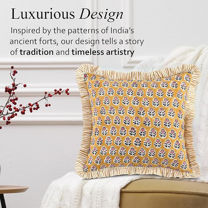 CPC Yellow Citrine Ruffle Throw Pillow Covers for Couch, 18x18 Inch Cotton Stripe Ruffle Couch Pillows for Living Room, Hidden 14 Inch Zipper Boho Pillow Case or Cute Outdoor Ruffle Pillows