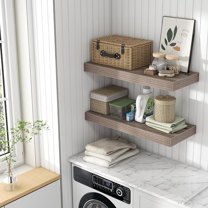 FLYJOE Deep Floating Shelves, 30 Inches Long, Set of 2 | 12 Inch Deep Shelves for Wall, 30'' x 12'' Rustic Grey Wood Shelves for Bathroom Living Room Laundry Room Kitchen